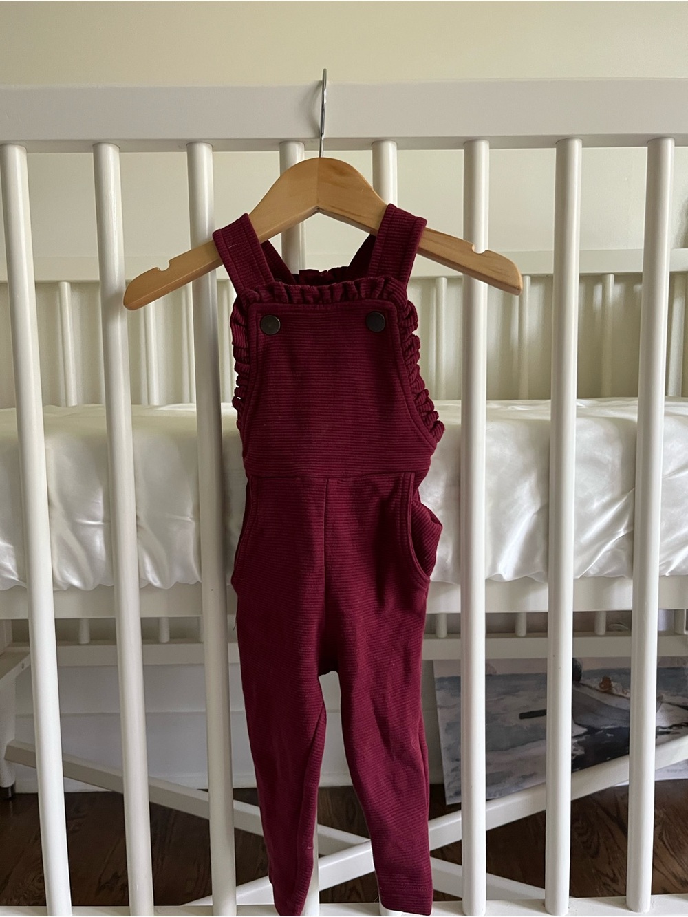 Organic Corduroy Ruffle Romper in Sugarplum × Burgundy Ribbed Overalls